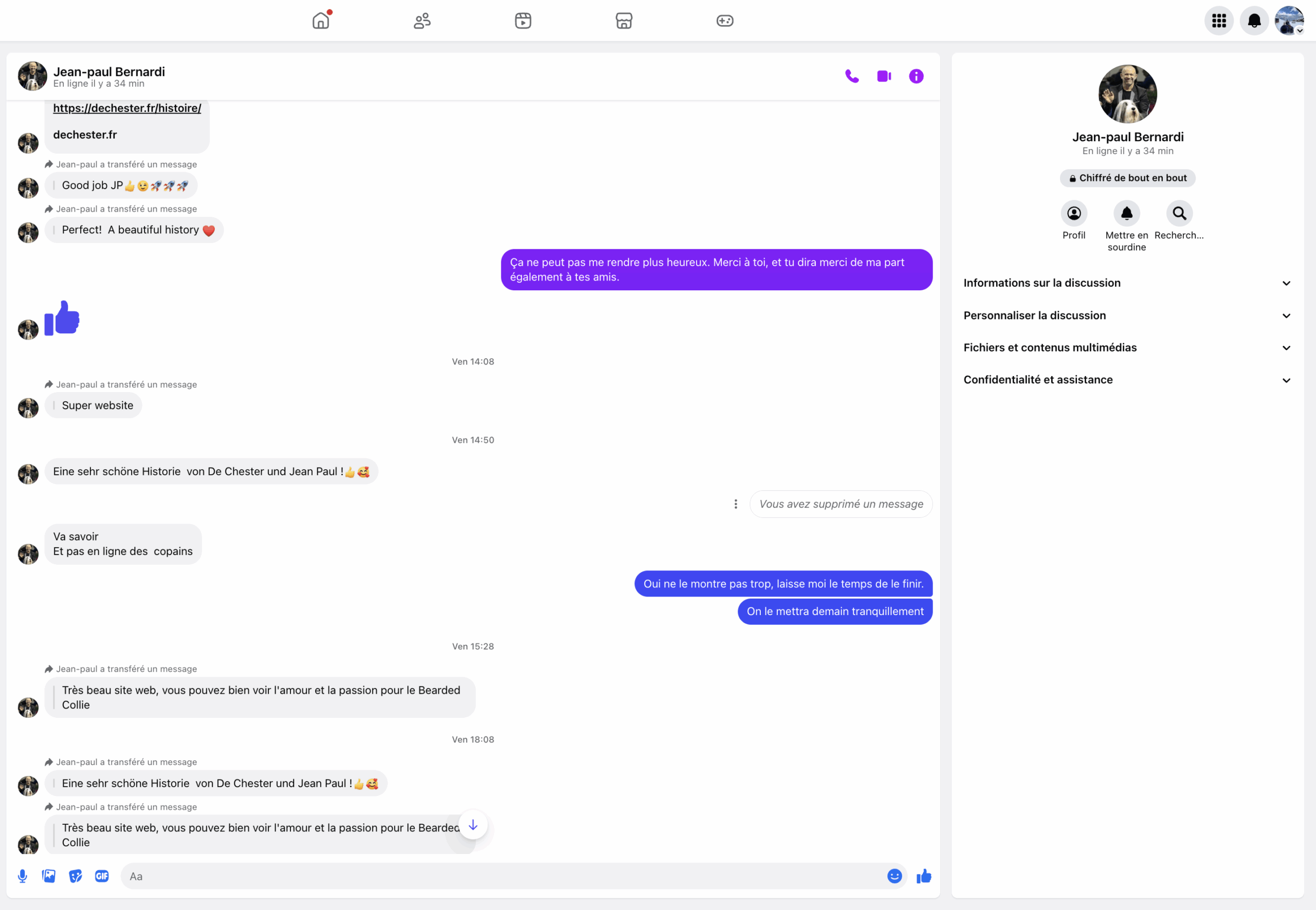 Conversation Messenger — Retours internationaux des éleveurs sur le site De Chester